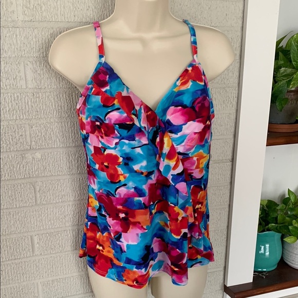 St John's Bay Women's 16 Swim Tankini Bright Floral Fuchsia Turquoise Floral GUC - Picture 1 of 9